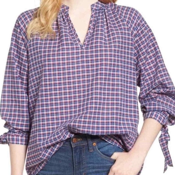 Madewell Tops - Madewell 79 cotton 21 linen L popover plaid blouse red blue white tie sleeves